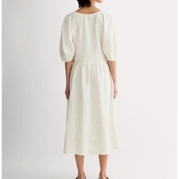 Everlane Linen Puff Sleeve Midi Dress Bone Cream Ivory White Size Medium NEW - Picture 3 of 12